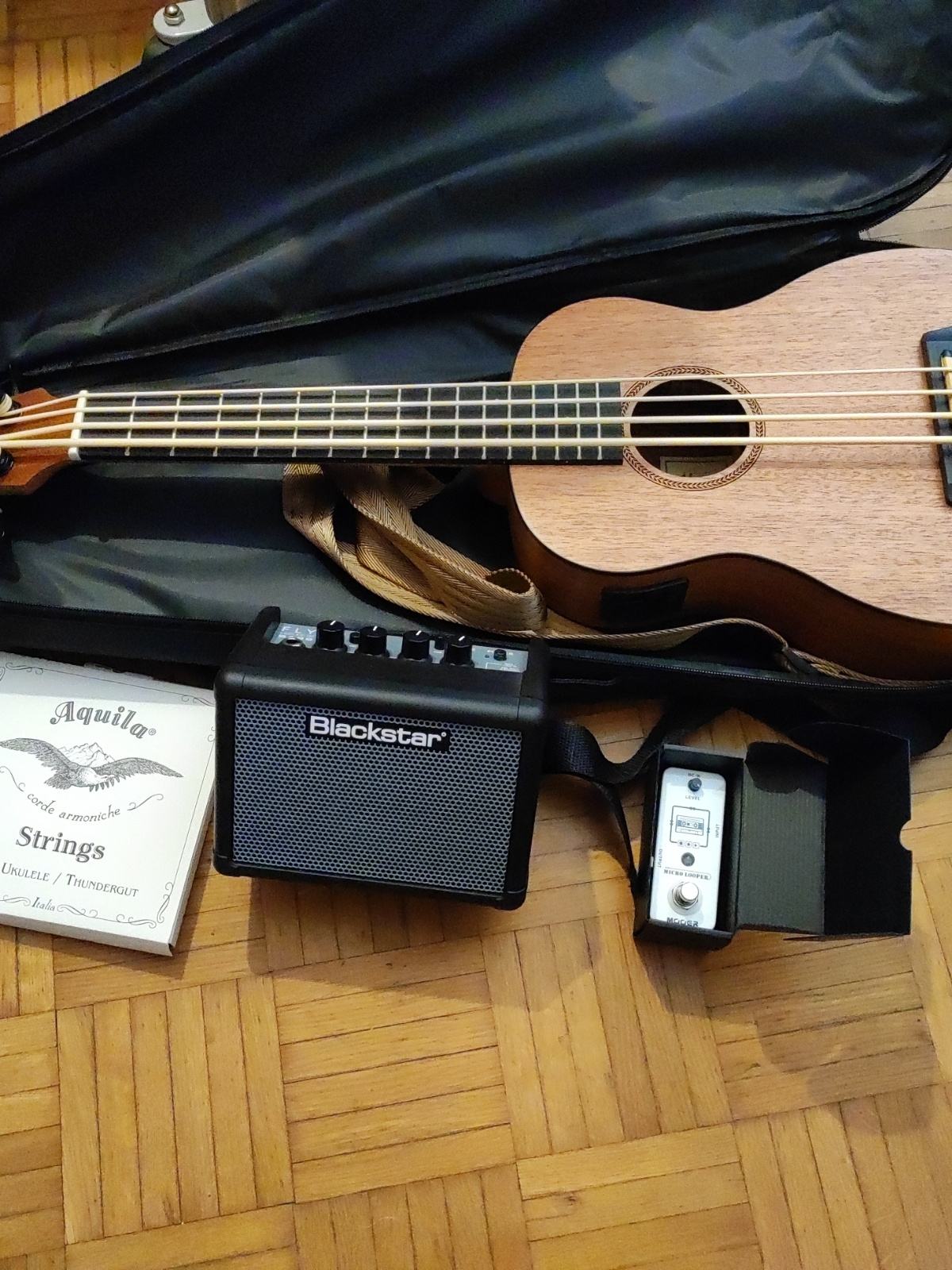 Bas ukulele set - pojačalo, looper, napajanje, kabeli...