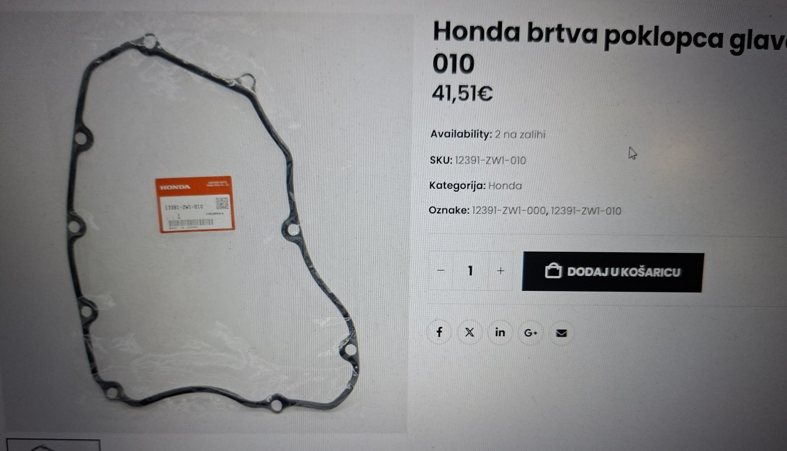 Honda brtva poklopca glave 12391-ZW1-010