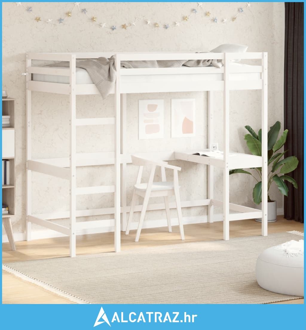 Krevet na kat s radnim stolom bijeli 90 x 200 cm od borovine - NOVO