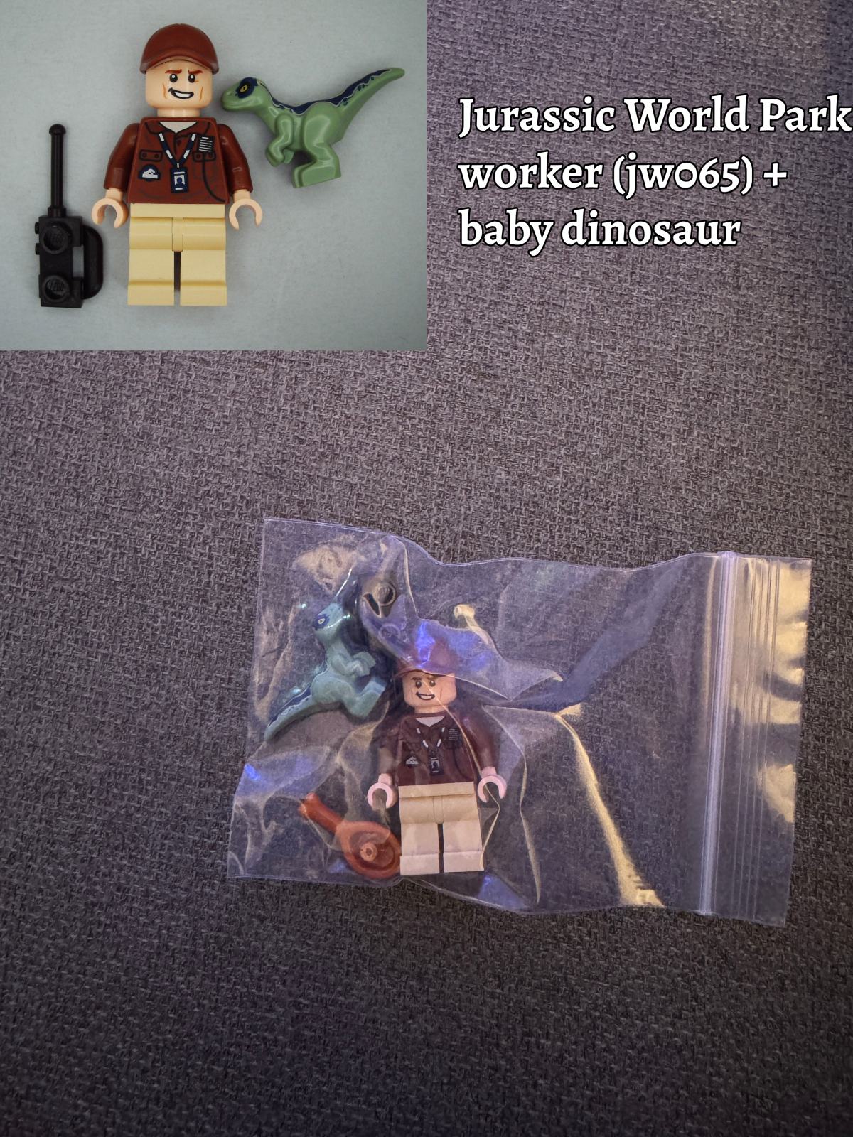 Lego minifigura Jurassic World Park worker (jw065) + baby dinosaur