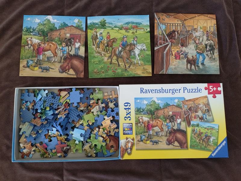 Ravensburger Puzzle 3x49, per Bambini a Partire da 5 Anni, 18x18 cm, Giornata al maneggio